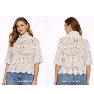 Zara Open Knit Crochet Turtleneck Boho Sweater Short Sleeve Scalloped Hem Med